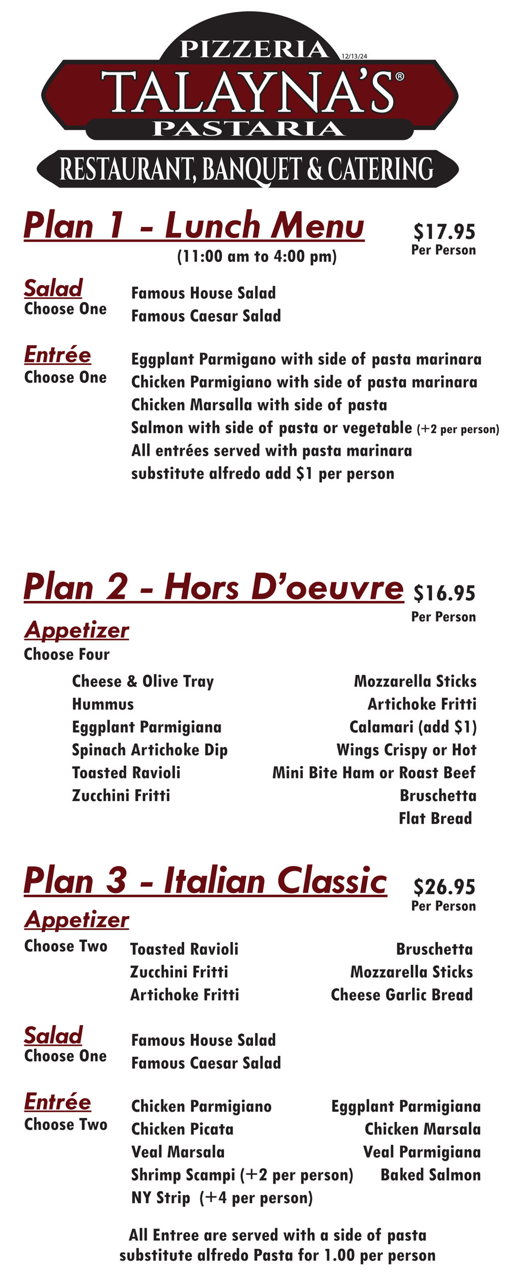  Talayna's Italian Restaurant Banquet Menu 1