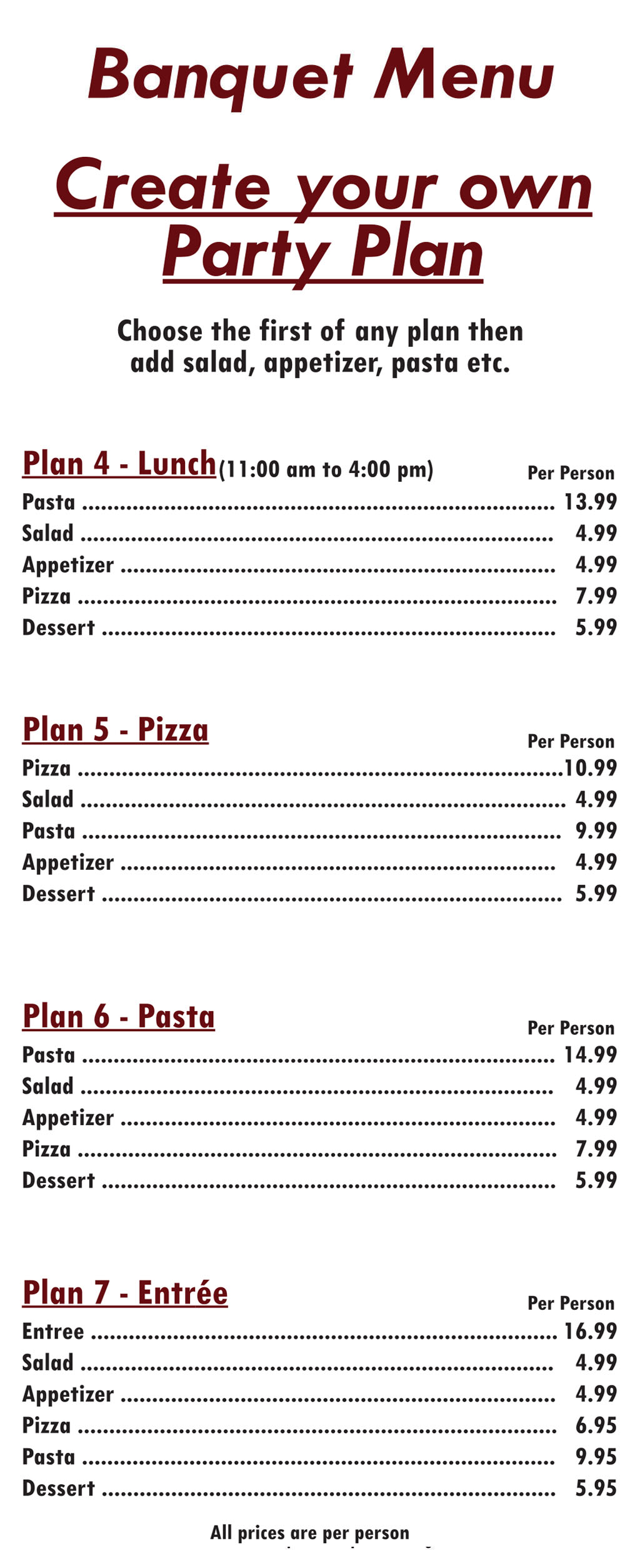 Talayna's Italian Restaurant Banquet Menu 2