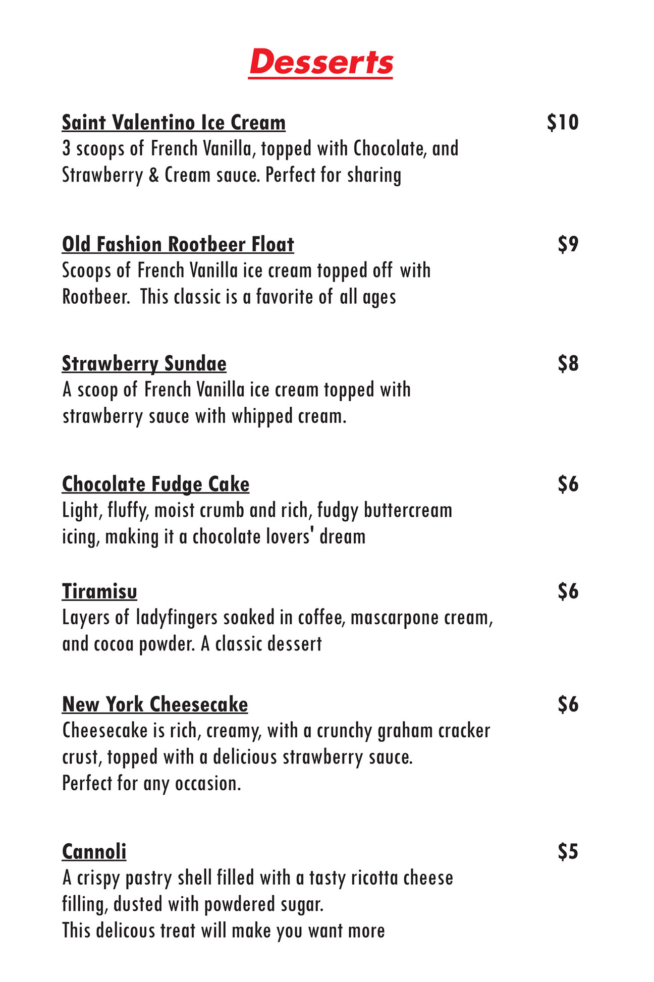 Talayna's Dessert Menu